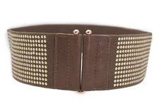 Women Brown Elastic Wide Strap Fashion Belt Waist Hip Gold Metal Dots Studs S M