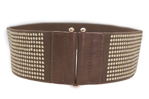 Women Brown Elastic Wide Strap Fashion Belt Waist Hip Gold Metal Dots Studs S M - Picture 1 of 12