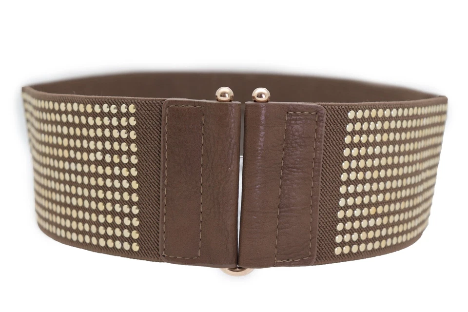 Women Brown Elastic Casual Day Wear Belt High Waist Hip Gold Metal Dots Size S M - Image 4 of 4