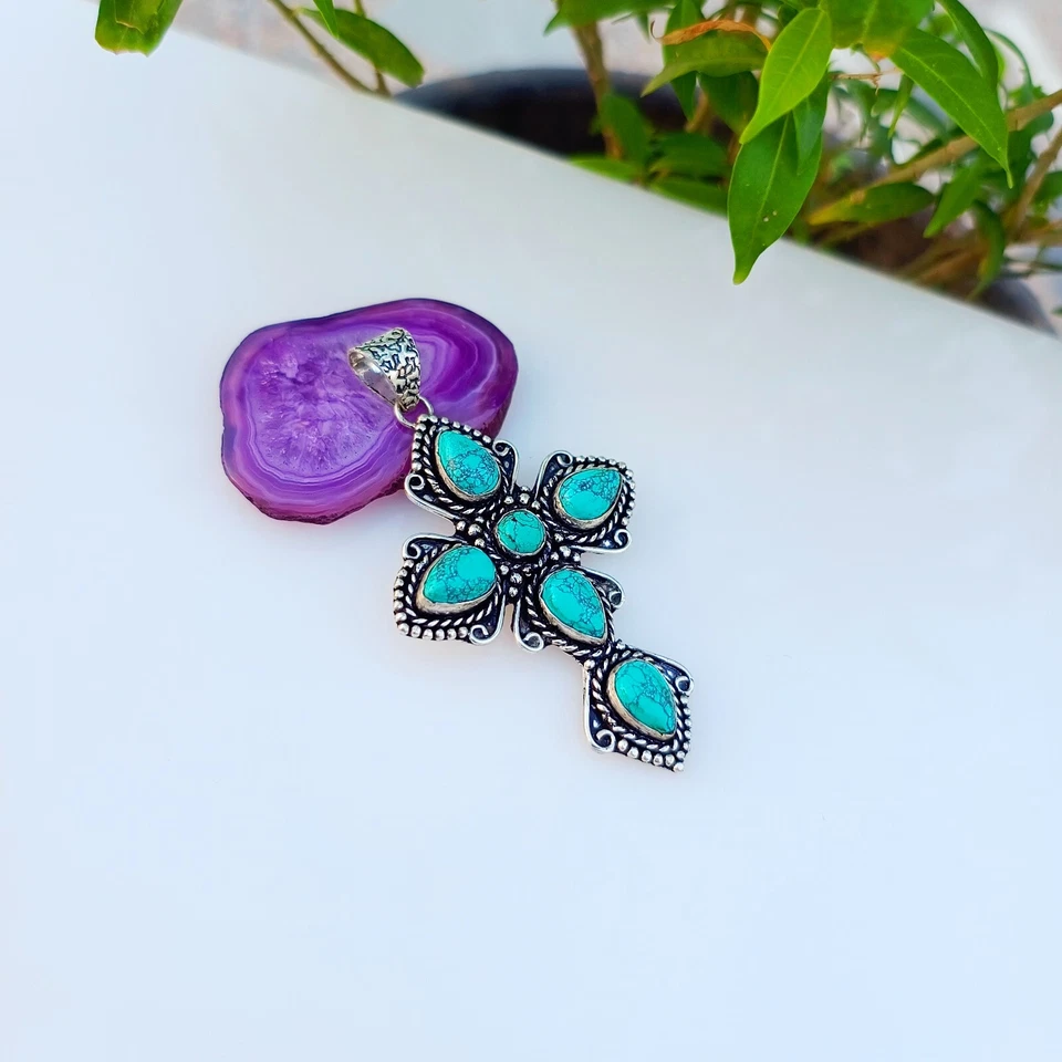 Turquoise Cross Pendant 925 Sterling Silver Handmade Gemstone Jewelry 2.55" - Image 2 of 4