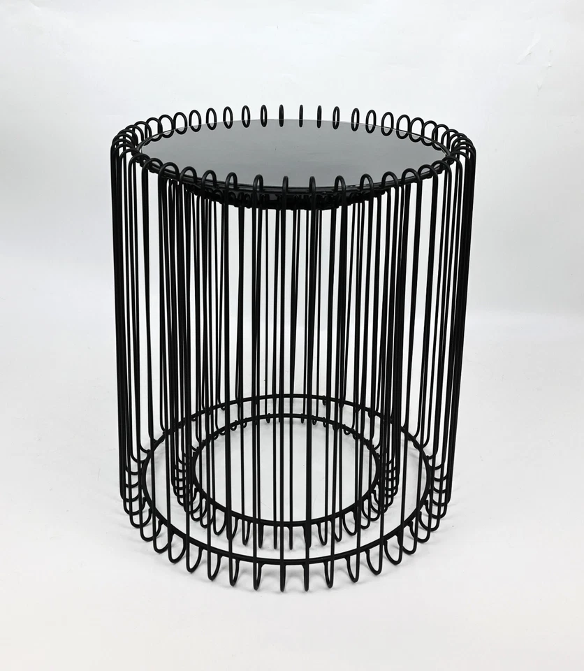 Nesting Set of 2 Round End Tables Wire Coffee Table Cage Mirrored Top Livingroom - Image 2 of 3