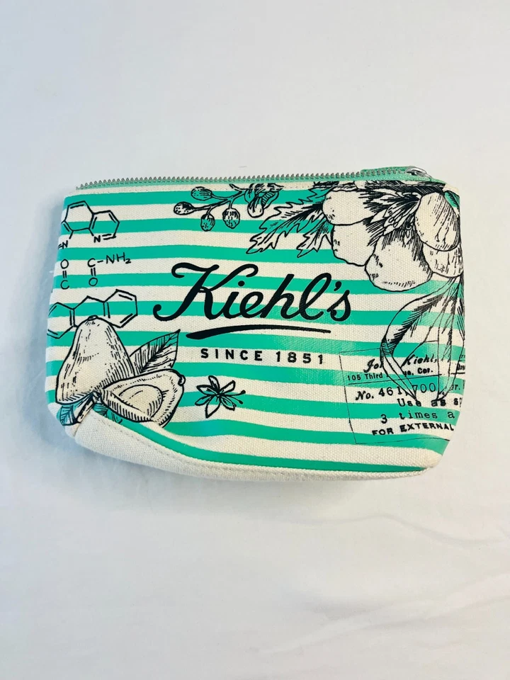 Kiehl's Travel Makeup Bag / Toiletry Pouch Case Green Striped - Image 3 of 3