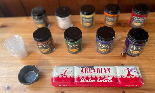 Vintage Lot Carter Tintenflaschen Gläser 16 Farbbecher & arkadische Aquarelle Dose - Bild 2 von 24