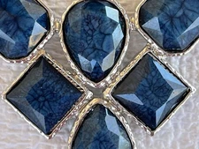 Dark Blue & Silver-toned Bib Necklace Faux Marbled Faceted Cabochon Lobster Clsp