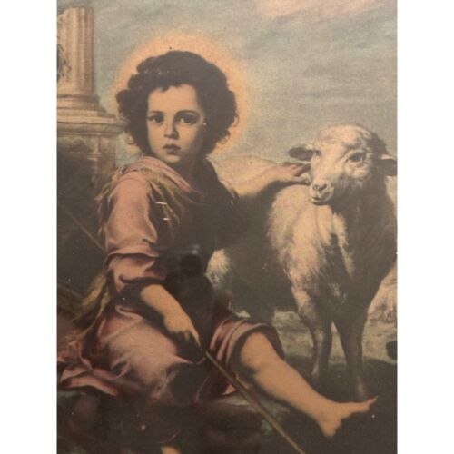 Ancienne lithographie encadrée bois du bon berger à l'agneau 12x15 - Photo 2 sur 14