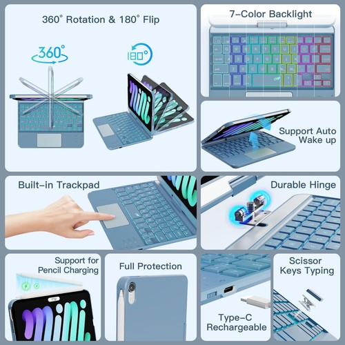 for iPad mini 7 (A17 Pro, 2024) & Mini 6 (2021) Case with Keyboard, 7 Colors ... - Picture 3 of 9