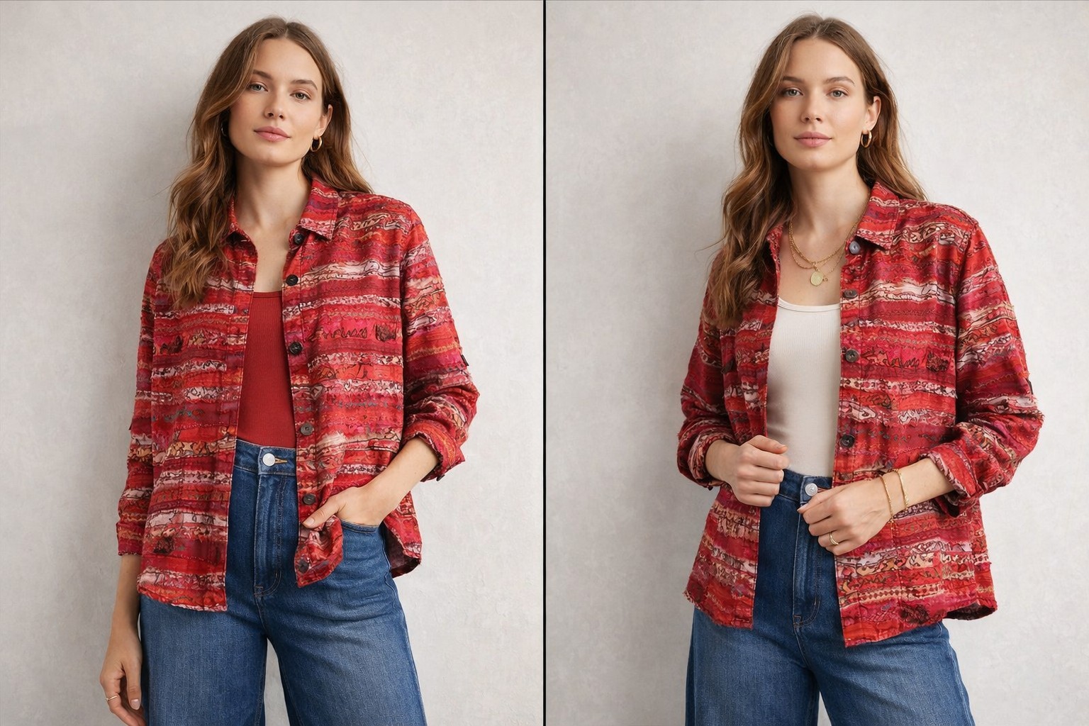 Y2k Textured Patchwork Button Down Shirt PL Red P… - image 1