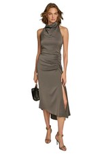 Donna Karan Neck A Line Side Slit Ruched Asymmetrical Midi Dress Iron Gray 4