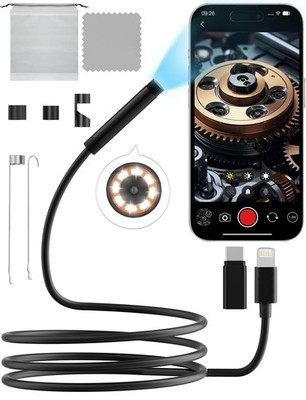 Endoscope Camera with Light 1920P HD, 6FT Semi-Rigid Snake, 8 Adjustable LED ...