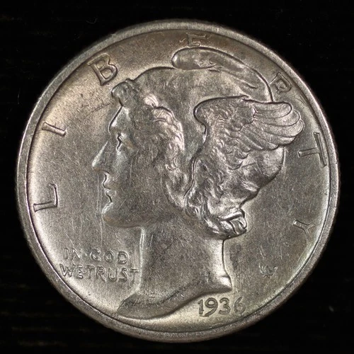 Mercury Dime. 1936 D. About Uncirculated. Lot # 9061-5-014