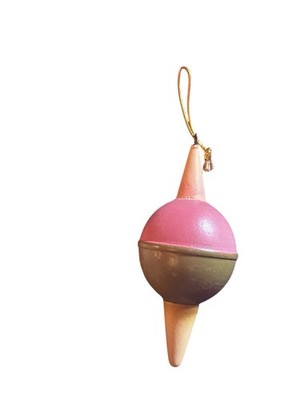 Wooden Fishing Bobber Folk Art Christmas Ornament Rustic Cabincore Pink & Brown