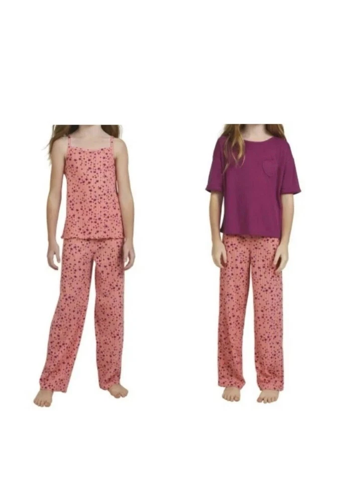 Lands’ End Youth 3 Piece Pajama Set Pink With Stars Size XS 5/6 - Image 2 of 4