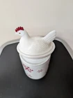 Vintage White Milk Glass Hen On A Nest W/ Red Comb and Eyes No Chips  3 Inch