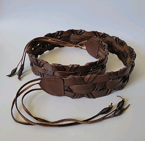Mooks Vintage Woven Wide Genuine Leather Hip Belt Self Tie Boho Hippie Western