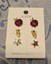 New J Crew Factory Pave crystal apple, pencil and star  stud teacher earrings