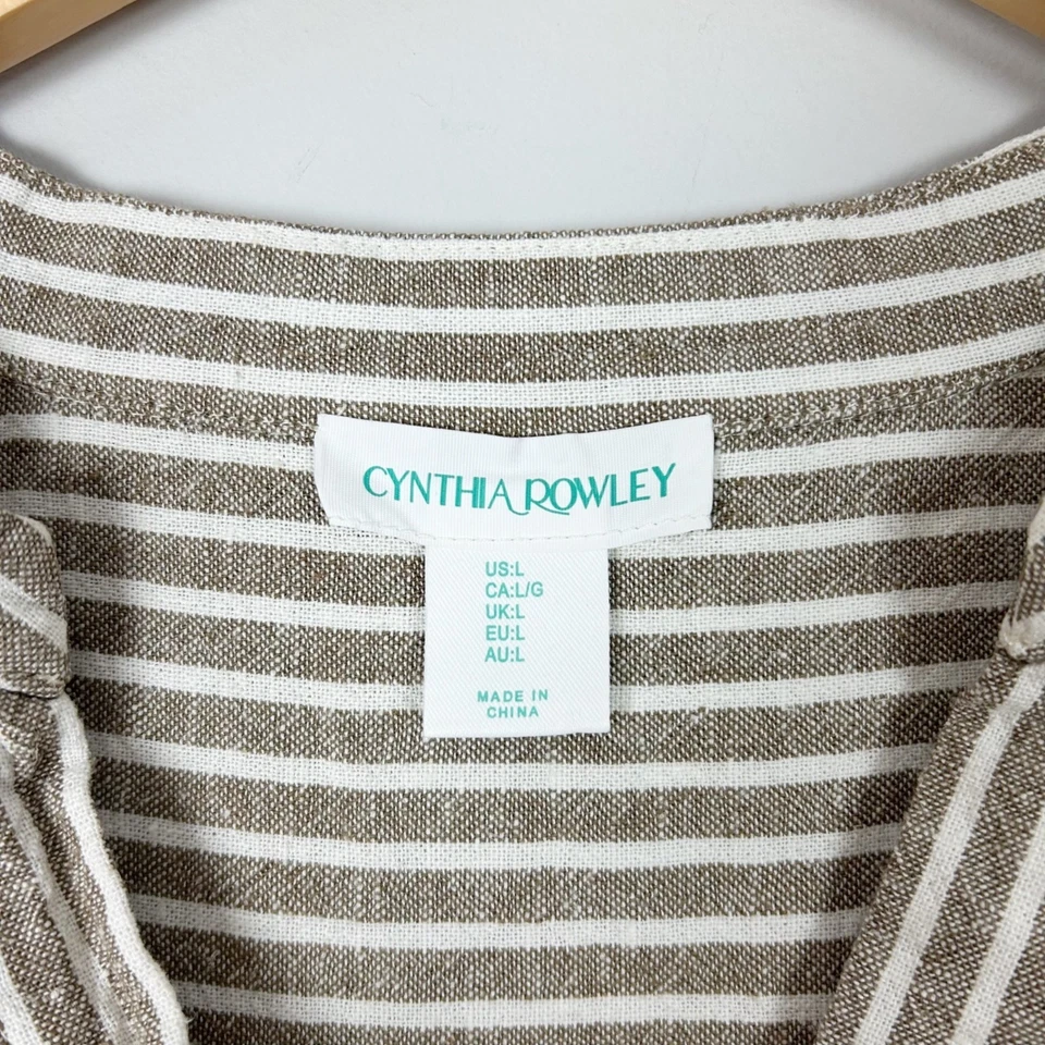 Vestido midi a rayas Cynthia Rowley mezcla de lino talla grande para mujer Foto 4 de 4