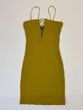 Forever 21 Ribbed Bodycon Dress S Mustard Yellow Lace Up Front Spaghetti Straps