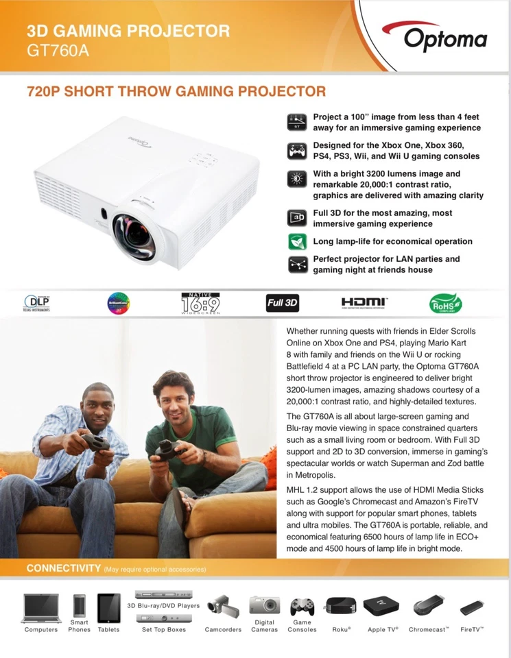 Proyector doméstico para juegos/video Optoma GT760A DLP de corto alcance 3200 ANSI Full HD 3D Foto 3 de 4