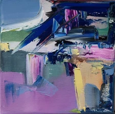 Original oil painting 8"x8" Contemporary art, Abstraction, Blue Purple Landscape