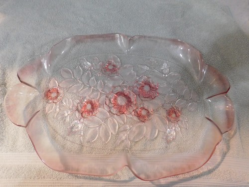 Vtg Mikasa Crystal Pink Rosella Frosted Handles 16” Oval Serving Footed Platter - Picture 2 of 6