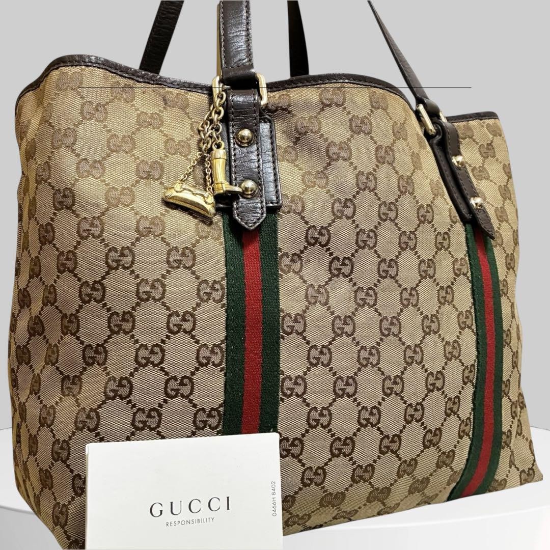 Beautiful Condition GUCCI GG Canvas Tote Bag Sherry Line Charm Brown Ladies Used