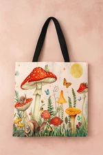 Whimsical Mushroom Forest Linen Tote Bag – Reusable Shopping Bag