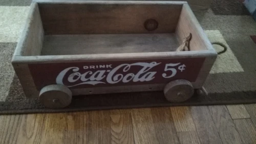 Vintage COCA-COLA RED WOOD CRATE WAGON; Wooden Folk Art; Coke Advertising