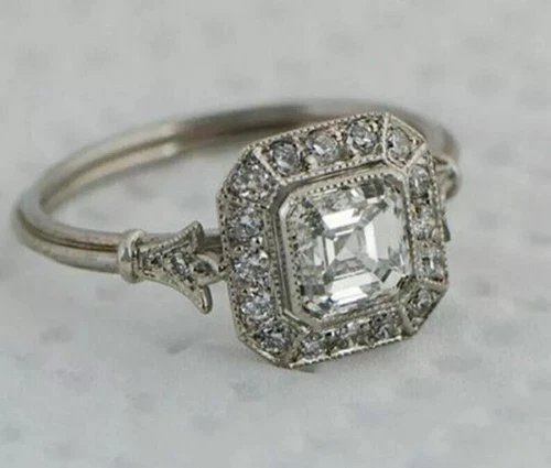 Antique Art Deco 2Ct Asscher Cut Lab Created Diamond 925 Silver Engagement Ring
