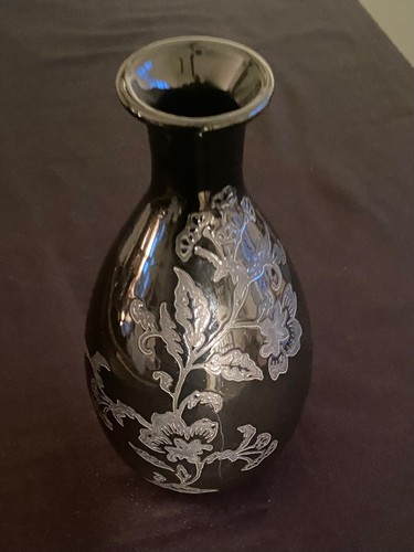 VTG Vase Black Ceramic Etched Silver Floral Design 11.5”X6.5” - Picture 12 of 14