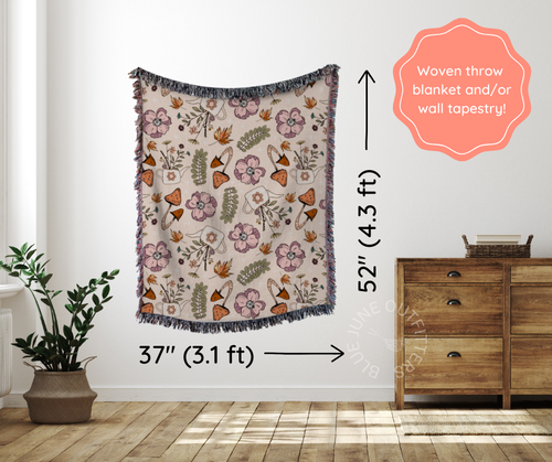 COTTAGECORE MUSHROOMS FERNS | WOVEN THROW BLANKET - Picture 3 of 4