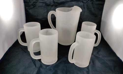 Vintage Indiana Tiara Frosted Glass Pitcher & Beer Steins Thumb Rest Paneled 