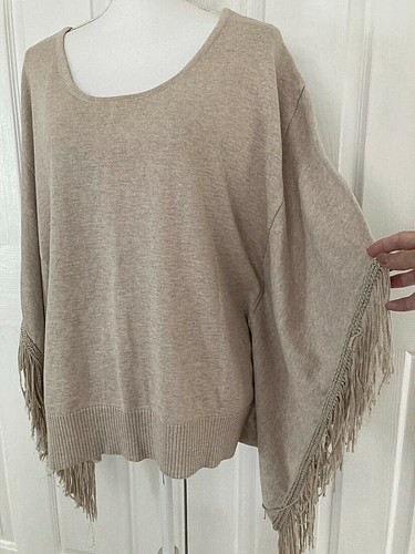 LANE BRYANT Women's 18/20 Poncho Sweater Fringe Oatmeal Color Cotton Rayon Blend - Picture 4 of 11