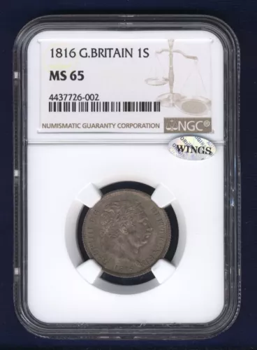 ENGLAND GEORGE III 1816 1 SHILLING SILVER COIN, UNCIRCULATED CERTIFIED NGC MS65