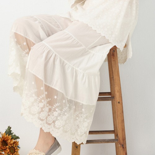 Lady Lace Cotton Trousers Flared Wide Leg Ankle Length Pants Summer Sweet Casual - Picture 6 of 13