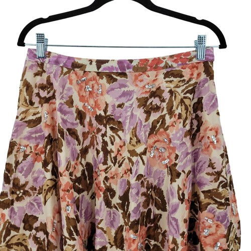 Y2K Floral Midi Skirt 8 Cotton Pink Brown Asymmetrical Sequin Details Boho India - Picture 5 of 15