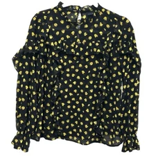 Who What Wear Sheer Black Yellow Tulip Long Sleeve Ruffle Blouse Size M