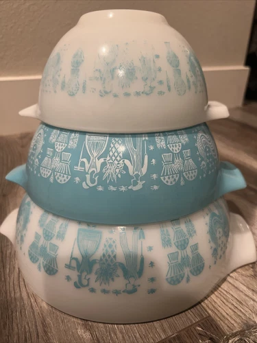 Vintage Pyrex 3 Piece Mixing Bowl Set AMISH BUTTERPRINT Turquoise - 441 442 443