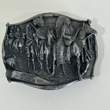 Bergamot Brass Works Vintage Belt Buckle Native American Indian Tribe Horses