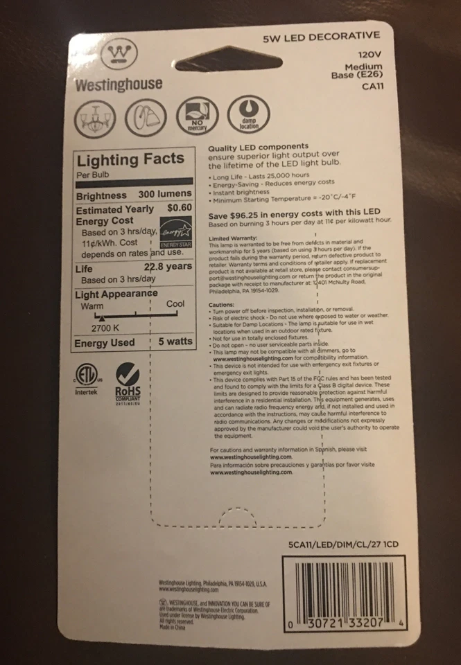 Westinghouse 33207 Single 5 Watt Dimmable LED DECORATIVE CA11 Clear NOS - Image 2 of 2