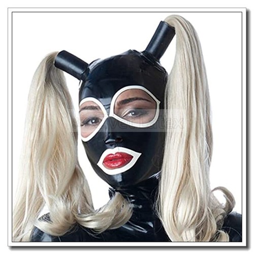 Maschera con cappuccio in lattice gomma con doppia parrucca bionda capelli occhi grandi stile A55 - Foto 1 di 6