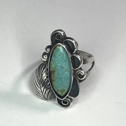 Vintage Silver Navajo Turquoise Leaf Ring - By Raymond Platero RBP Size 5 - R22