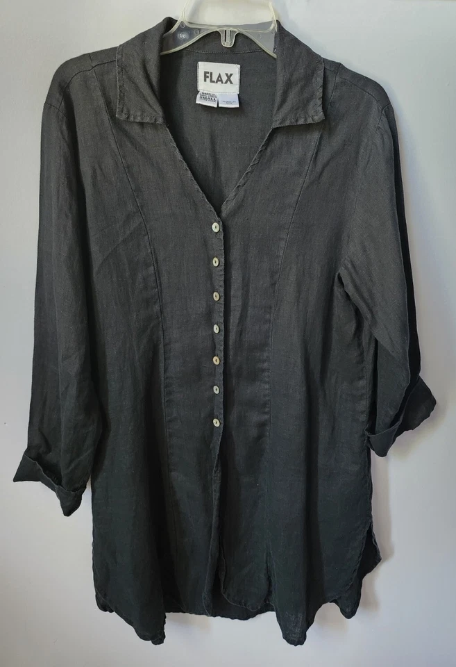 Vestido túnica camisa 100 % lino negro con botones delanteros FLAX pequeño Lagenlook ventilado lateralmente Foto 2 de 4