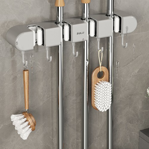 Broom Mop Holder with Hooks Wall Mounted Broom Storage Rack No Drilling GQ - Picture 15 of 18
