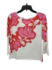 Talbots Top Womens Large Pink Red White Floral Artsy Knit Boho Long Sleeve