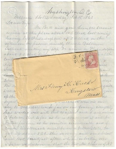 1863 Willard Hotel Letter Civil War Washington DC Soldiers Protecting Trains