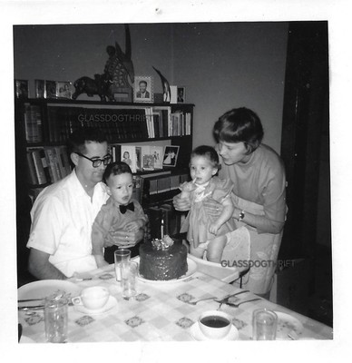 B&W Photograph Snapshot of Toddler's First Birthday Party w/ Cake & Family