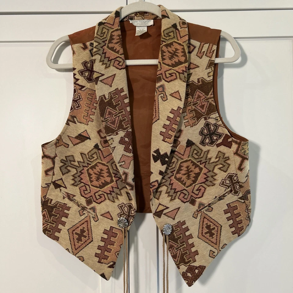 70-е Lew Magram винтажный желтовато-коричневый ацтекский западный жилет женский размер M) - Изображение 3 из 4