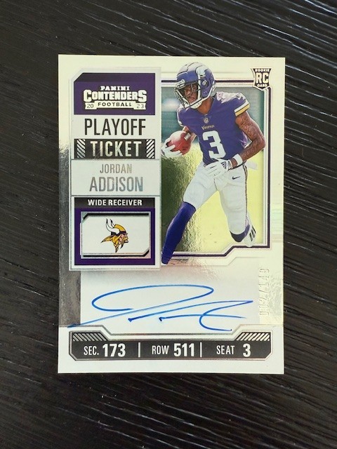 2023 Contenders Playoff Ticket Vikings Jordan Addison AUTO ROOKIE /149