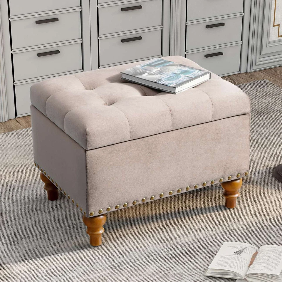 Banco otomano tapizado de terciopelo cuadrado con bisagra de soporte oculta para espacio de almacenamiento Foto 3 de 4