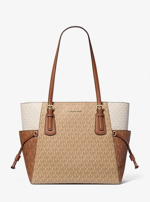 Michael Kors Outlet Voyager Large Color-Block Signature Logo Tote Bag CAMEL MLT